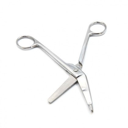 Ножницы для разрезания повязок, с пуговкой, горизонтально-изогнутые, 185 мм, Surgiwell Фото товара Ножницы для разрезания повязок, с пуговкой, горизонтально-изогнутые, 185 мм, Surgiwell