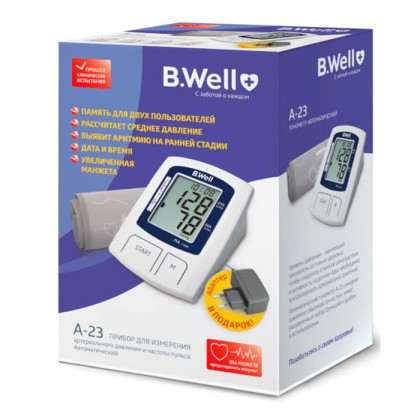 Фото товара Тонометр A-23, автомат, среднее давление, индикатор аритмии, память 2x60, дата и время, шкала давления, увелич. манжета (22-36см.), адаптер