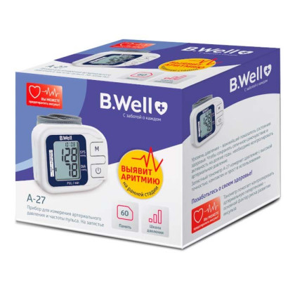 Тонометр А-27, автомат на запястье, индикатор аритмии, память 60, дата и время, шкала давления Фото товара Тонометр А-27, автомат на запястье, индикатор аритмии, память 60, дата и время, шкала давления