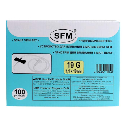 Фото товара Устройство для вливания в малые вены - игла-бабочка 19G (1,10х19 мм) SFM, 100 шт/уп