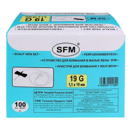 Фото товара Устройство для вливания в малые вены - игла-бабочка 19G (1,10х19 мм) SFM, 100 шт/уп