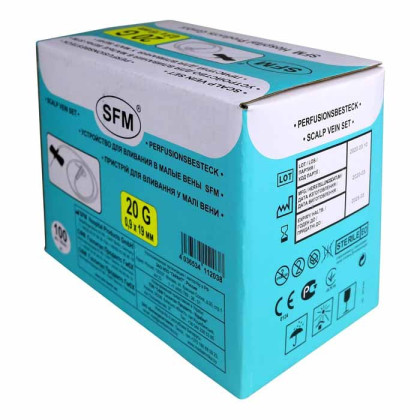 Фото товара Устройство для вливания в малые вены - игла-бабочка 20G (0,90х19 мм) SFM, 100 шт/уп