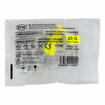 Фото товара Устройство для вливания в малые вены - игла-бабочка 20G (0,90х19 мм) SFM, 100 шт/уп