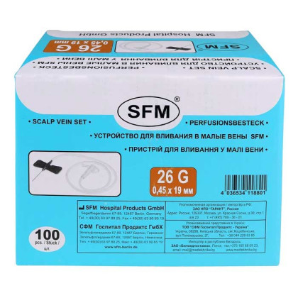 Фото товара Устройство для вливания в малые вены - игла-бабочка 26G (0,45х19мм) SFM, 100 шт/уп
