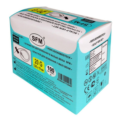 Фото товара Устройство для вливания в малые вены - игла-бабочка LUER LOCK 20G (0,90х19мм) SFM 20G, 100 шт/уп