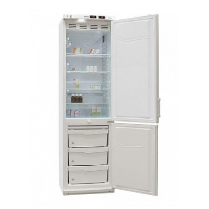 Фото товара Холодильник комбинированный лабораторный ХЛ-340(ТС) ПОЗиС (270/130 л) с тонированной стеклянной дверью и дверью из металлопласта, серебро