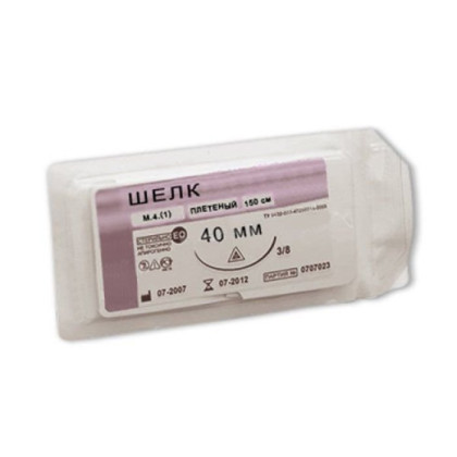 Фото товара Шелк М 1,5 (4/0) 45 см, игла колющая, 25 мм, 1/2