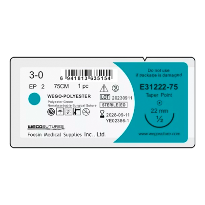 Фото товара Шовный материал WEGO Polyester 3-0 (2) 75 см колющая игла 4/8 22 мм, зеленый 12 шт/уп