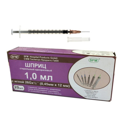 Фото товара Шприц - 1мл. (3-х) SFM, одноразовый стерилизованный с надетой иглой 0,45 x 12 - 26G, упаковка №20 (БЕЗ ЛАТЕКСА) ( блистер), 20 шт