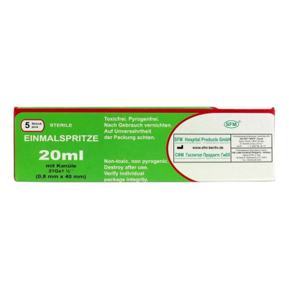 Фото товара Шприц - 20 мл (3-х) SFM, одноразовый стерильный с иглой 0,80 x 40 - 21G, упаковка №5 (БЕЗ ЛАТЕКСА) ( блистер), 5 шт/уп
