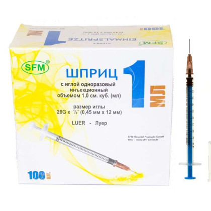 Фото товара Шприц 1 мл туберкулиновый с надетой иглой 0,45х12-26G SFM 100 шт/уп