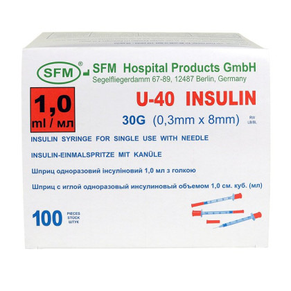 Фото товара Шприц 1,0 мл. инсулиновый U - 40 (3-х) SFM, одноразовый стерилизованный с интегрированной иглой 0,30 х 8,0 - 30G № 10 (полибэг), 100 шт