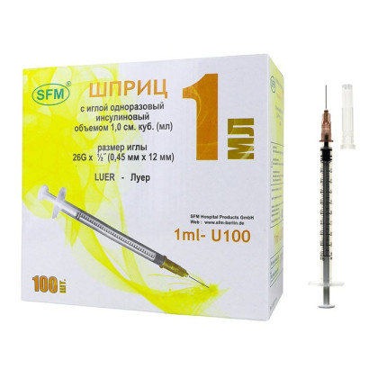 Фото товара Шприц 1,0 мл. инсулиновый U-100 (3-х) SFM, одноразовый стерилизованный с надетой иглой 0,45 х 12 - 26G (блистер), 100 шт