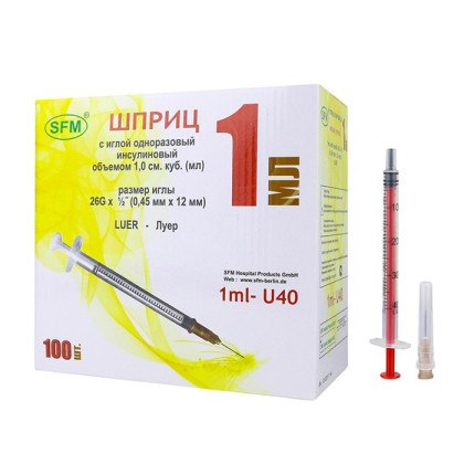 Фото товара Шприц 1,0 мл. инсулиновый U-40 (3-х) SFM, одноразовый стерилизованный с надетой иглой 0,45 х 12 - 26G (блистер), 100 шт